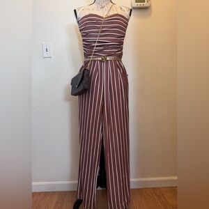 Heart and Hips Brown & White Strapless Striped Jumpsuit